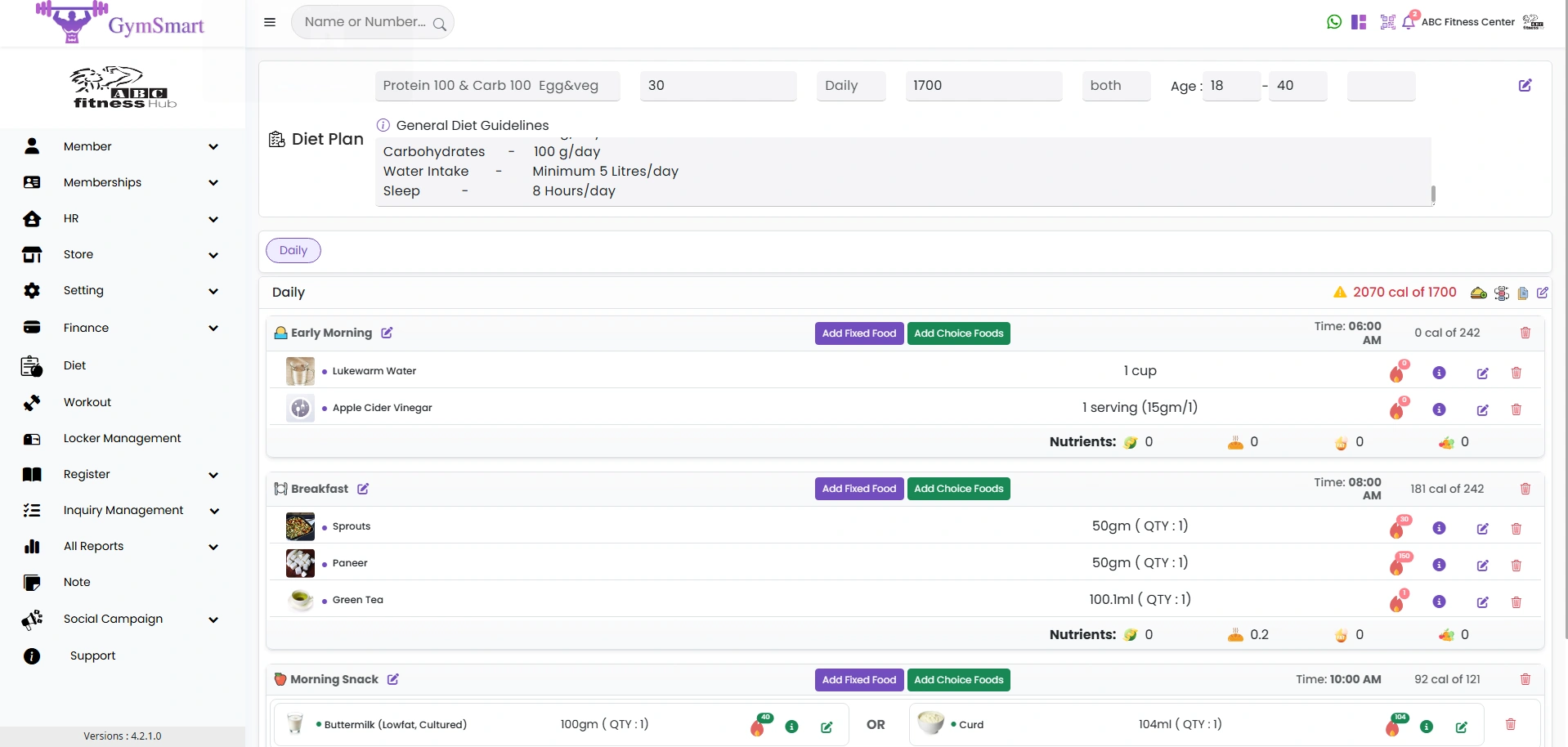 Gym personalized nutrition diet chart and calorie macro tracking